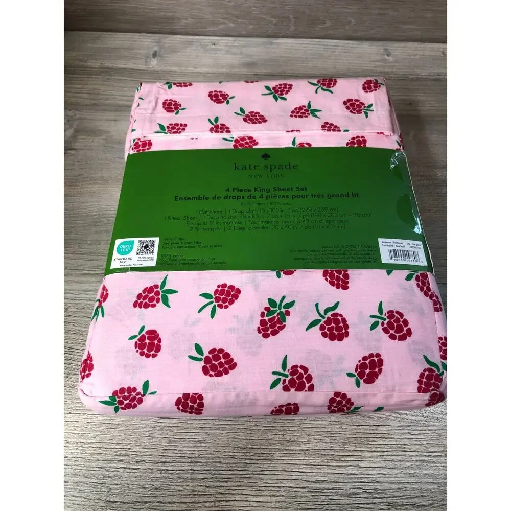 NEW 4pc Kate Spade king Sheet Set RASPBERRIES 100% Cotton Percale